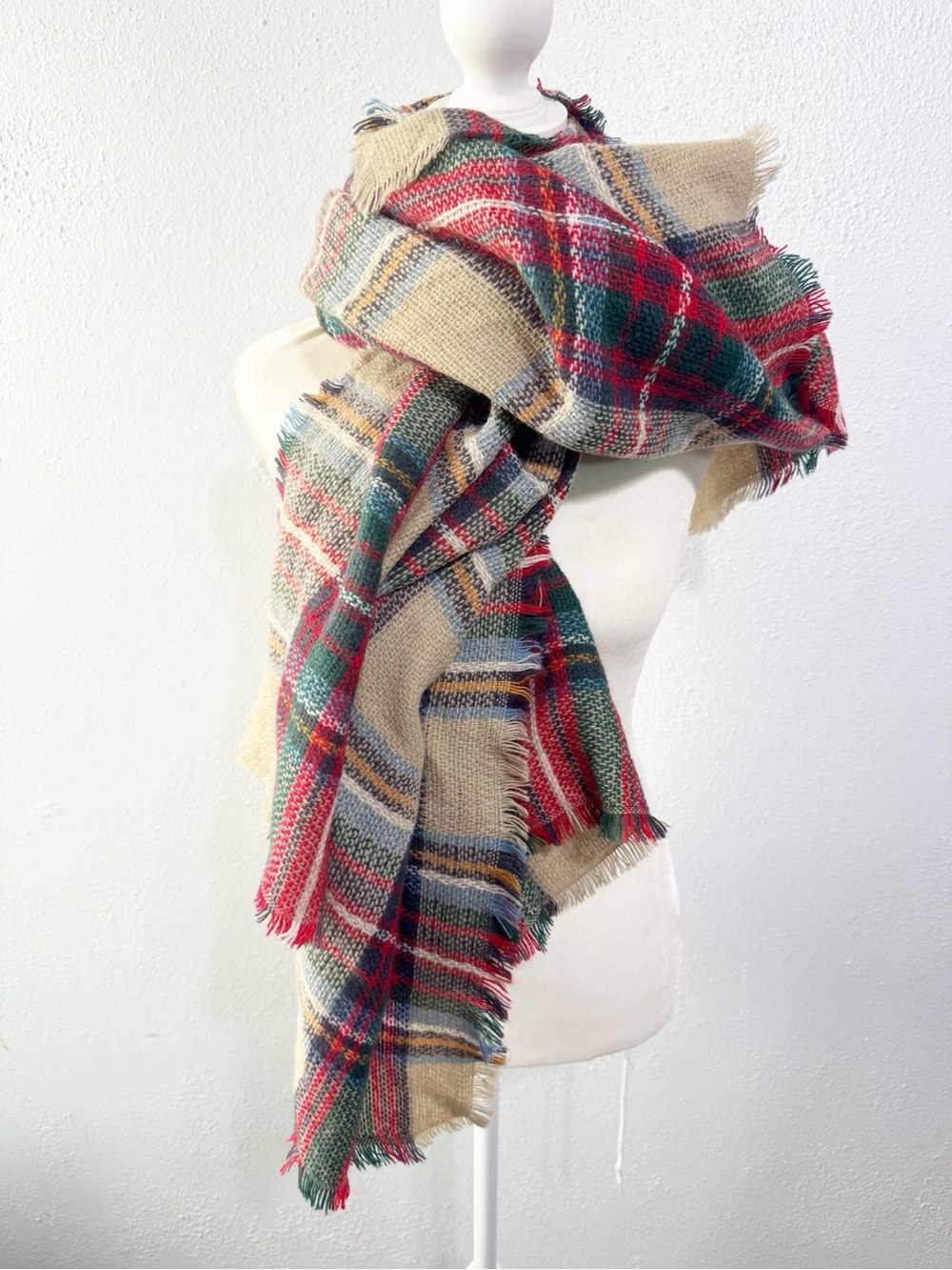 Modcloth Plaid Fringed Wrap Scarf in Red, Green, and Cream